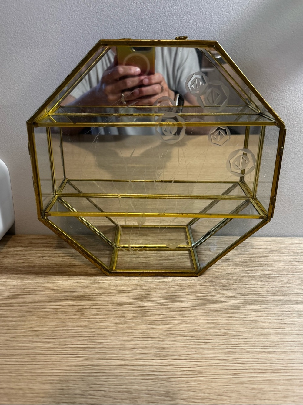 Octagonal Glass Display Box in Gold Tone